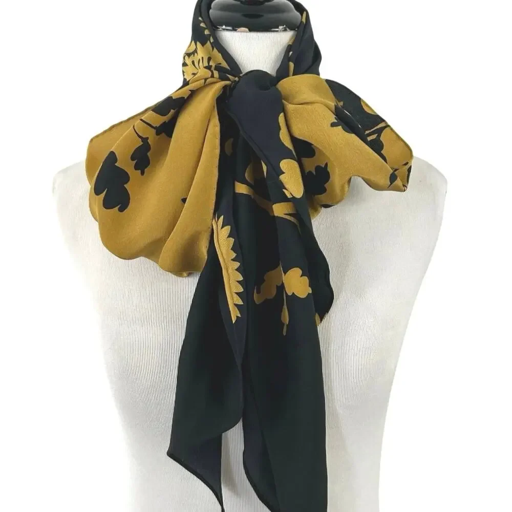 Black Gold Floral Satin Scarf Oblong Wrap Boho Chic Lightweight Statement